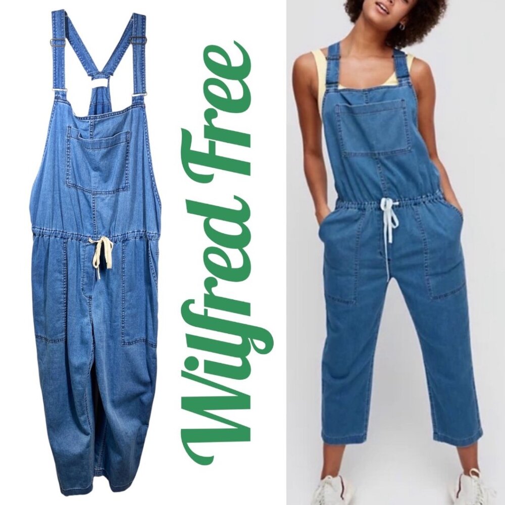 WILFRED FREE VALLETTA RELAXED BLUE DENIM CROPPED OVERALLS DRAWSTRING WAIST LARGE - Picture 13 of 13